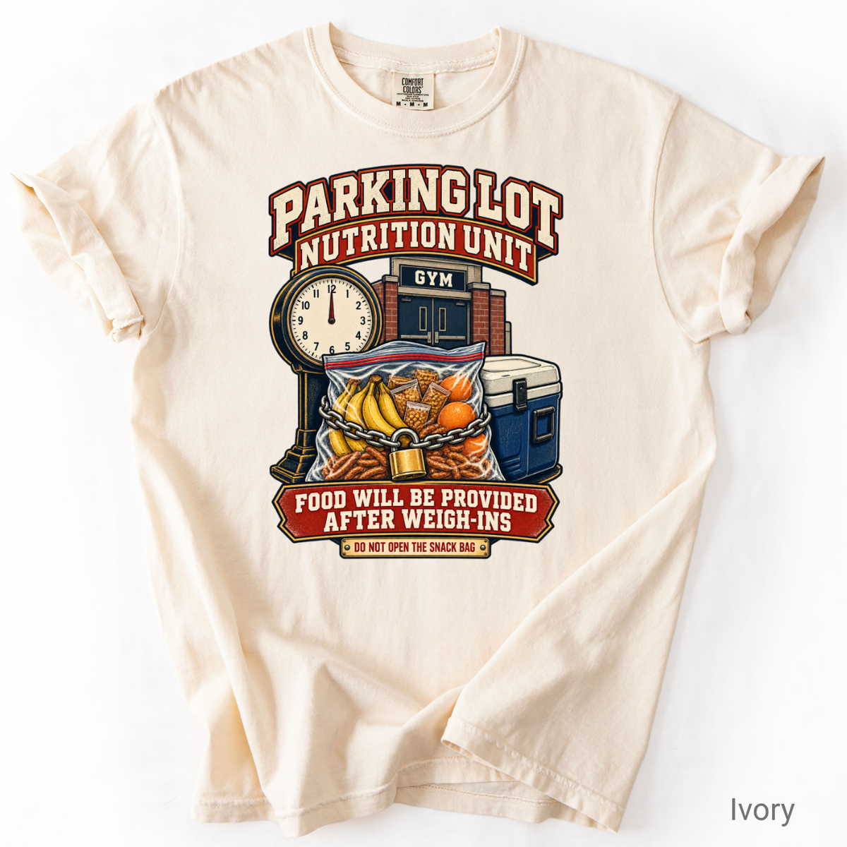 Funny Parking Lot Nutrition Unit wrestling parent shirt with locked snack bag, cooler, weigh-in scale and gym graphic.