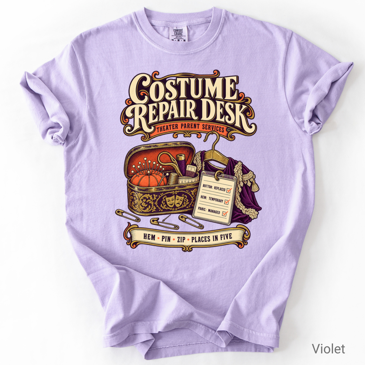 Costume Repair Desk theater mom shirt with vintage sewing and backstage artwork
