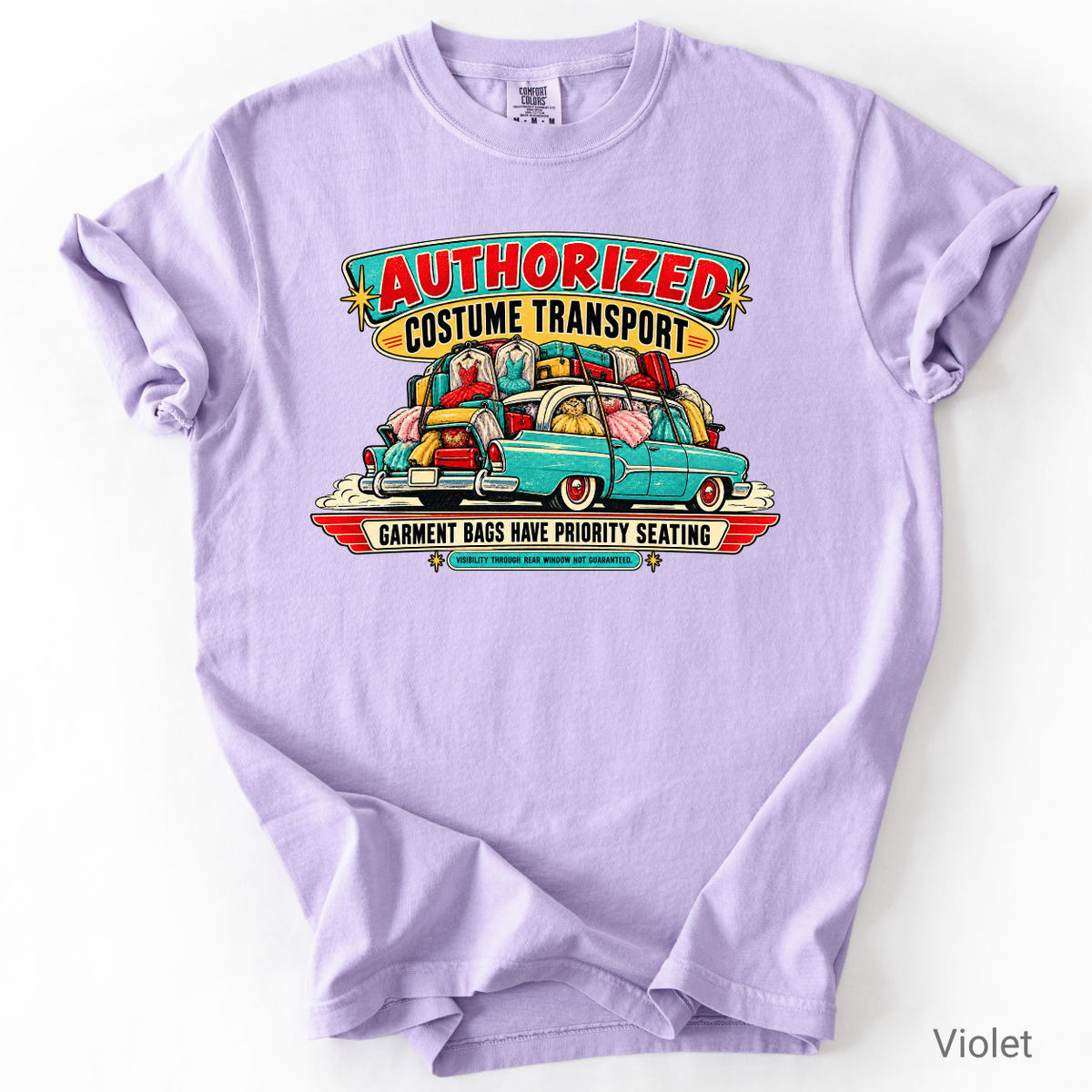 Vintage Authorized Costume Transport dance parent shirt design featuring cars packed with garment bags, dance costumes and luggage.