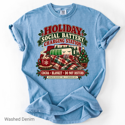 Holiday Social Battery Charging Station Funny Christmas Shirt