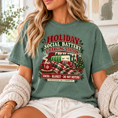 Holiday Social Battery Charging Station Funny Christmas Shirt